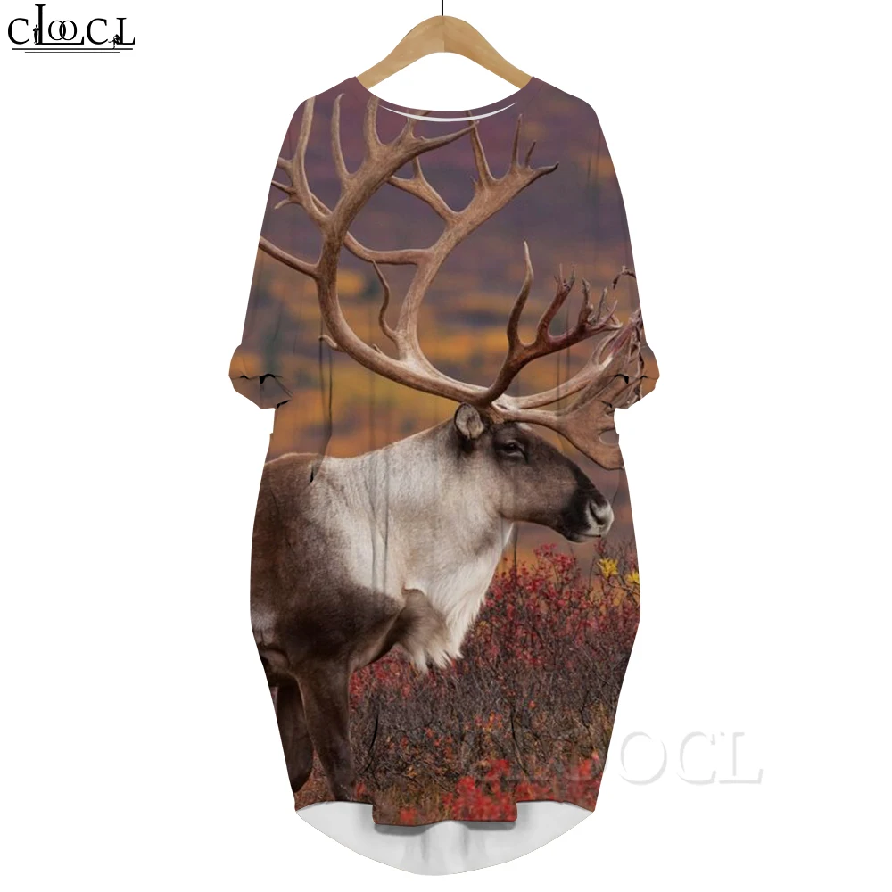 CLOOCL Popular Animal Long Sleeves Dress Loose Casual Pullover Dress Sunset Elk Graphics 3D Printed Pocket Dress for Women