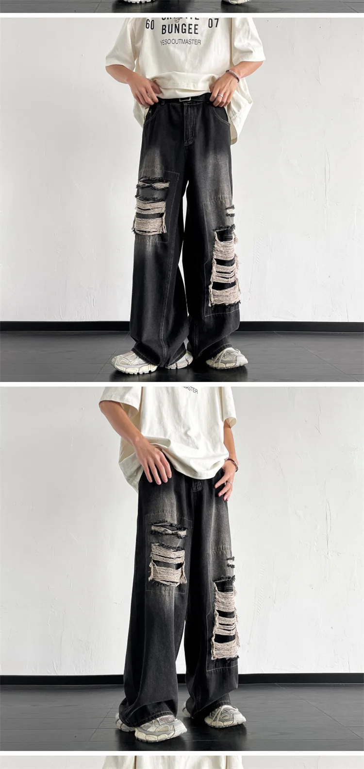 Distressed Ripped Men กางเกงยีนส์ขากว้าง Jean ล้าง Bleached Zipper Fly หลวมวินเทจสูงเอวความยาวเต็มกระเป๋า