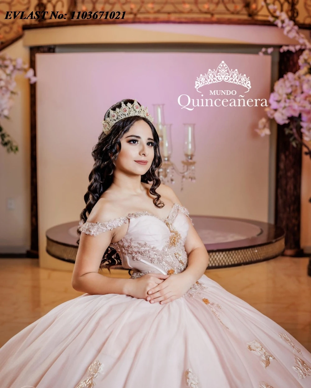 EVLAST Maßgeschneidertes rosa Quinceanera-Kleid, Ballkleid, Goldapplikation, Perlenstickerei, Kristall, mexikanisches Sweet 16, Vestidos de 15 Anos SQ702