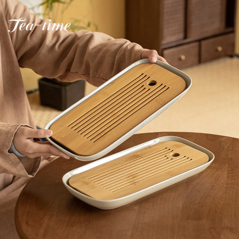 

Retro Ceramic Tea Tray Home Living Room Kungfu Tea Set Bamboo Small Tea Tray Draining Dry Soaking Table Storage Wet and Dry Use