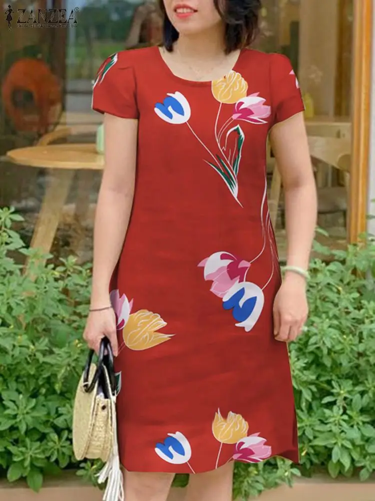 Frauen Sommer Kurzarm Urlaub Strand kleid Zanzea Mode Bohemian Blumen gedruckt Sommerkleid Robe Femme knielange Vestido