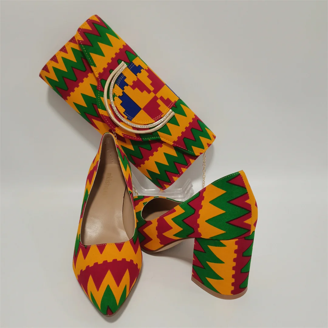 High Quality Stylish African Cotton Wax made Banquet Clutch and Chunky High Heel Shoes Suit for Wedding Ankara Wax Bag Y1031-5