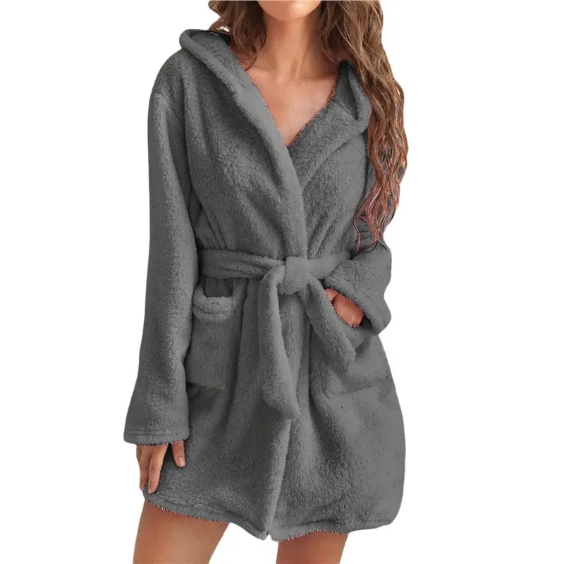 

LNHF Women's Plush Mid-Length Belt Soft Bathrobe With Pockets Autumn And Winter Hooded Home Plush Pajamas