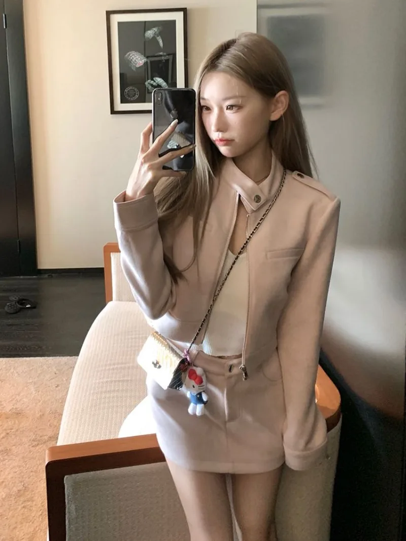 Fashion Sweet Stand Collar Coat Skirt Two-piece Set Women Temperament Pearl Pink Spicy Girl Korean Gentle Solid Slim Spring Suit