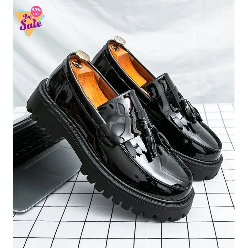 

Новые мужские лоферы на платформе 2026 года, черные, на толстой подошве, для свадьбы, деловые, повседневные, кожаные, без шнурков, увеличивающие рост