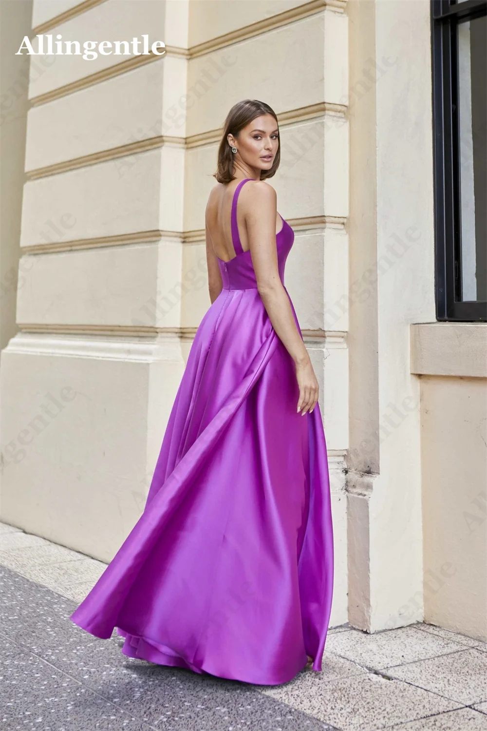 Allingentle Purple Halter Satin A-Line Princess Prom Dress Elegant Floor Length Backless Evening Party Gowns vestidos de fiesta