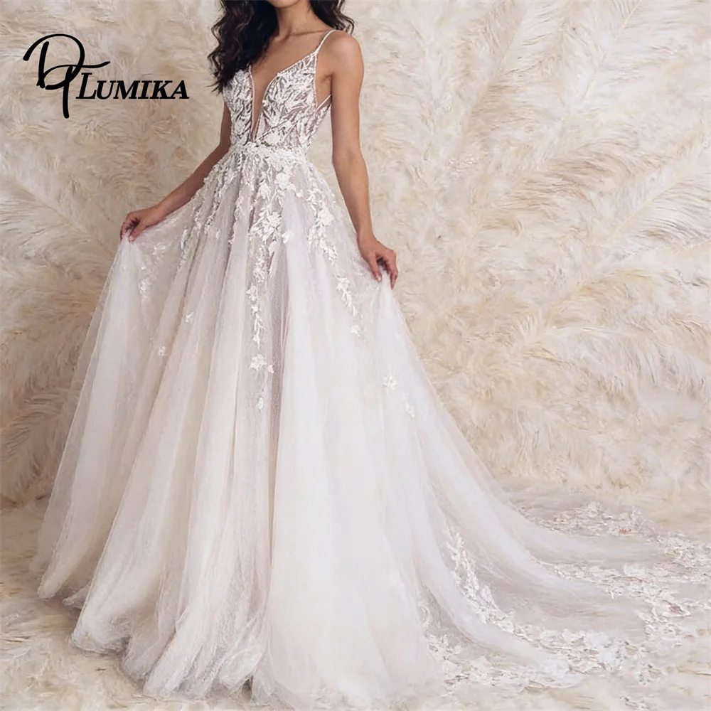 

Романтическое свадебное платье А-силуэта из тюля для женщин 2026 года с тонкими бретелями, кружевными аппликациями, для свадебного приема, индивидуальный пошив