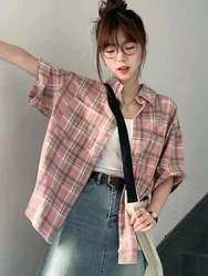 Zoki Sweet Pink Plaid Shirts Women Japan Loose Short Sleeve Blouse Summer Vintage Loose Cute Turn Down Collar Lady Elegant Tops