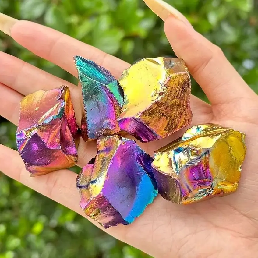 Cristal Natural Aura obsidiana galvanizado brillo piedra cruda gema espécimen Mineral para decoración de habitación regalo curativo Reiki