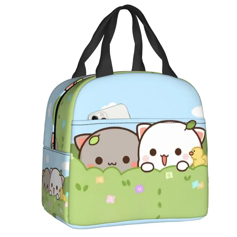 Peach And Goma Thermal Insulated Lunch Bags Women Cartoon Mochi Cat Portable Lunch Container for Outdoor Camping Travel Food Box