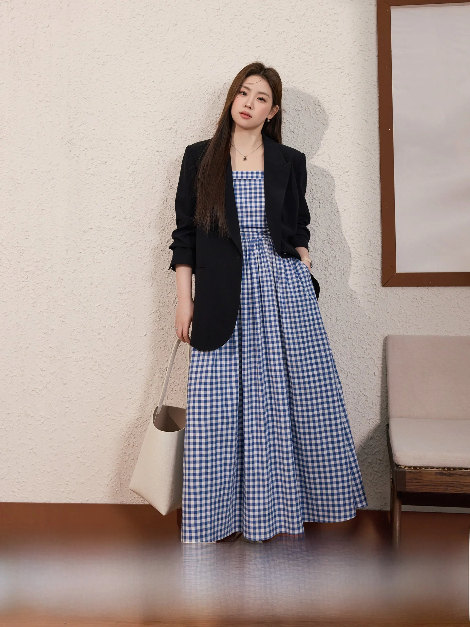 

Blue Language plus Size Women's Dr Ele Plaid Slimming Strap Long A-Line Gown Spring Commute Sle No-Sve Maxi Dr