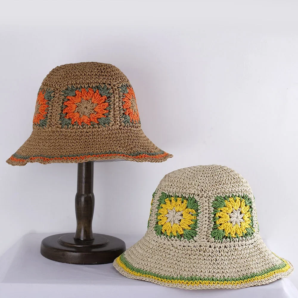 Hollowed Womens Straw Hat Crochet Bucket Hat UV Protection Sun Visor Beach Hat Ladies Summer Cap