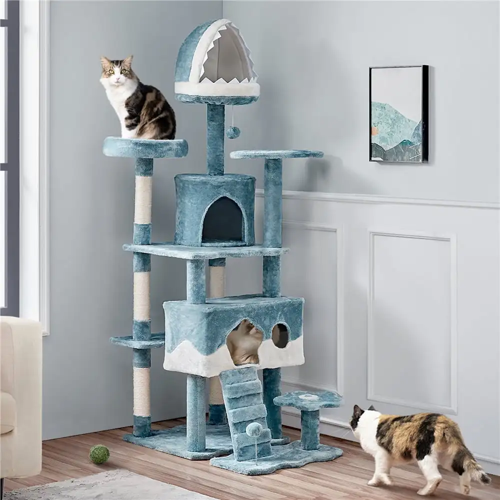 

72.5″ H Ocean-themed Cat Tree with Shark's Mouth Bed Fish-shaped Perch , Blue & White