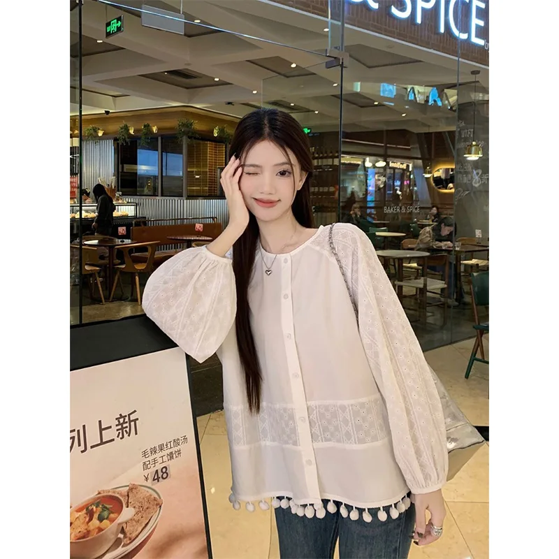 หญิงฤดูใบไม้ผลิฤดูร้อน Preppy สไตล์สดชื่นปุ่ม Hollow Out สีทึบ O-คอผู้หญิงเสื้อหวาน Kawaii แขนยาว Top Tee