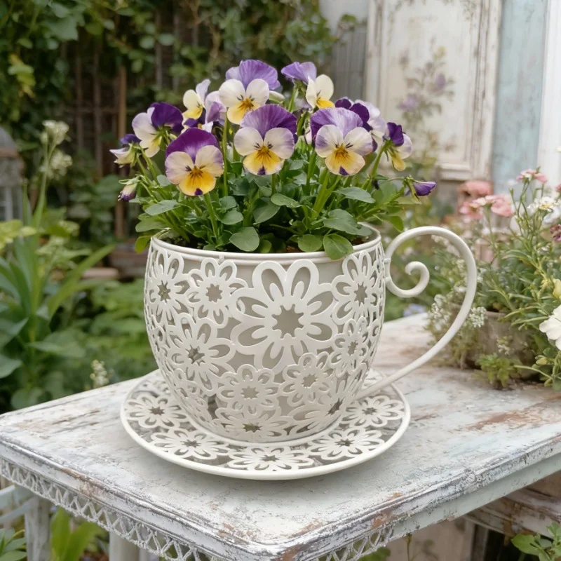 

Factory direct sales for Amazon wrought iron flower hollow tea cup pot succulent pot decoration outer pot coffee cup shape