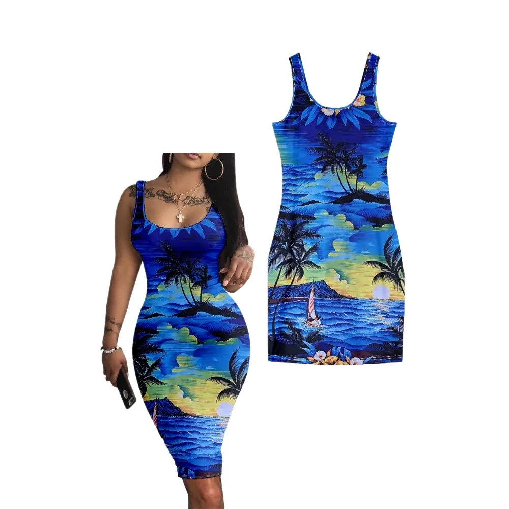 Summer Sleeveless Coconut Tree Print Dress Women Fashion A-line Slim Dresses 2024 Beach Dress Party Club Robe Vestido Elegant