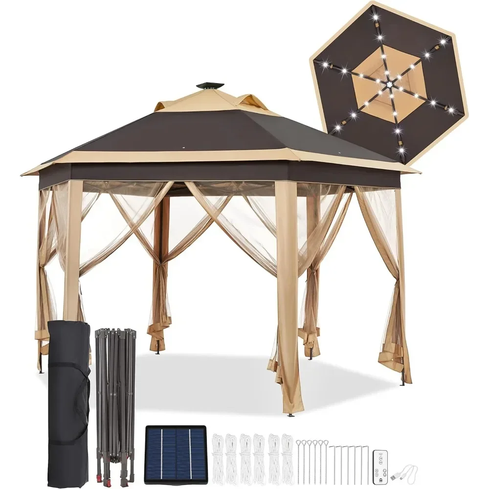 13x13 Pop-up Patio Gazebo Tent W/Mesh Netting Sides & 25 Solar LED Lights, Hexagonal Double Vented 3 Height Adjustable Gazebo