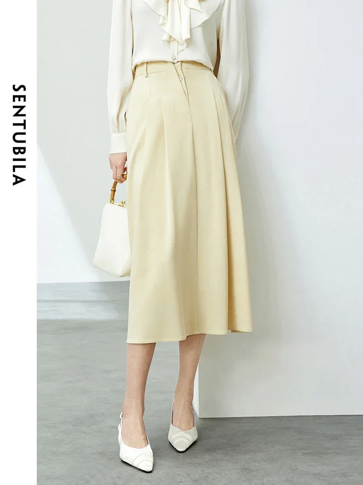 

SENTUBILA Elegant A-line Skirt Office Ladies 2025 Spring Fall Fashion Solid Women Midi Skirts Female Clothing 141Q53362
