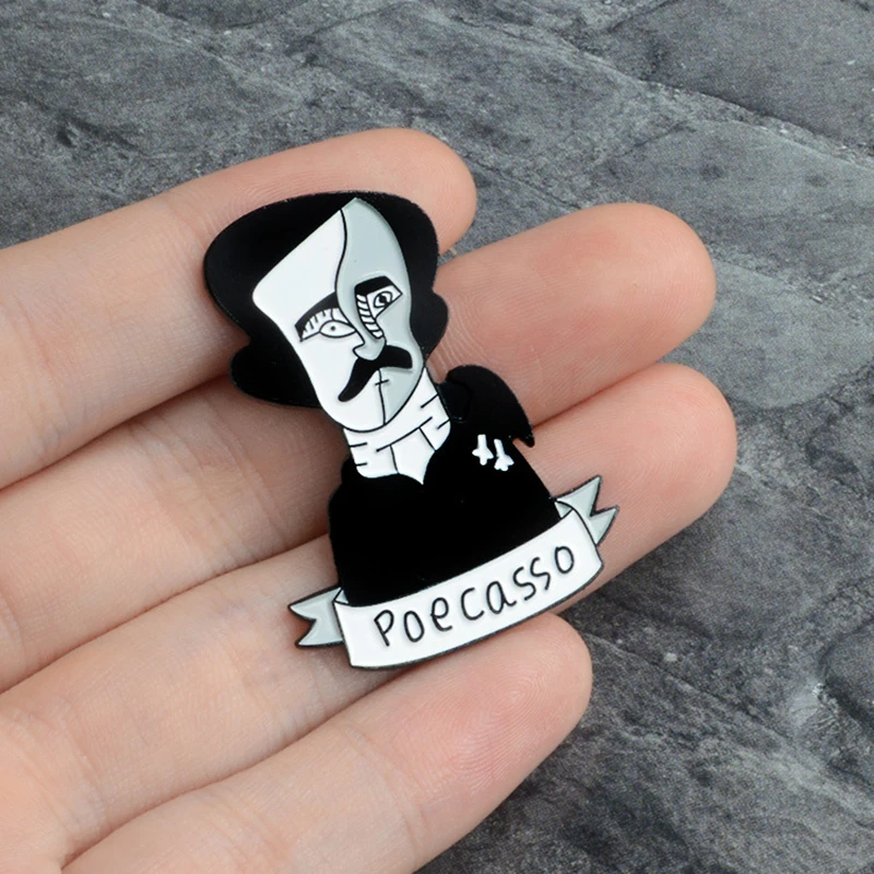 Funny art style Edgar Allan Poe Enamel Pin Two-Face Black Poecasso style Man Brooch Buckle Hat Backpack Shirt Collar Jewelry