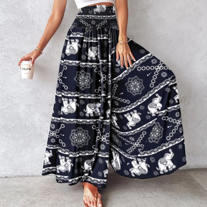 Herfst Dames Kleding Mujer pantalón bohemio estampado cintura elástica Extra grande pantalones sueltos De pierna ancha Pantalon De Vestir Para Mujer