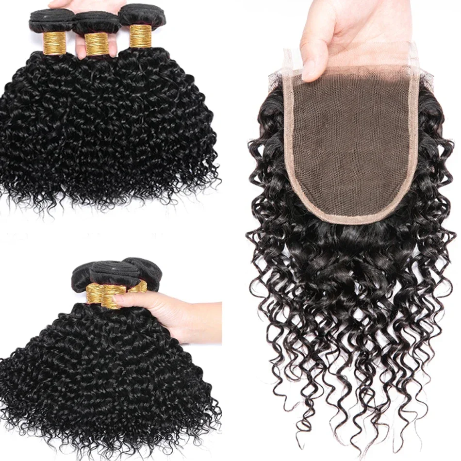 12A Malaysian Water Wave Bundles With Closure 3 Bundles With Closure Unprocessed Virgin Short Curl Tissage Bouclé Cheveux Humain