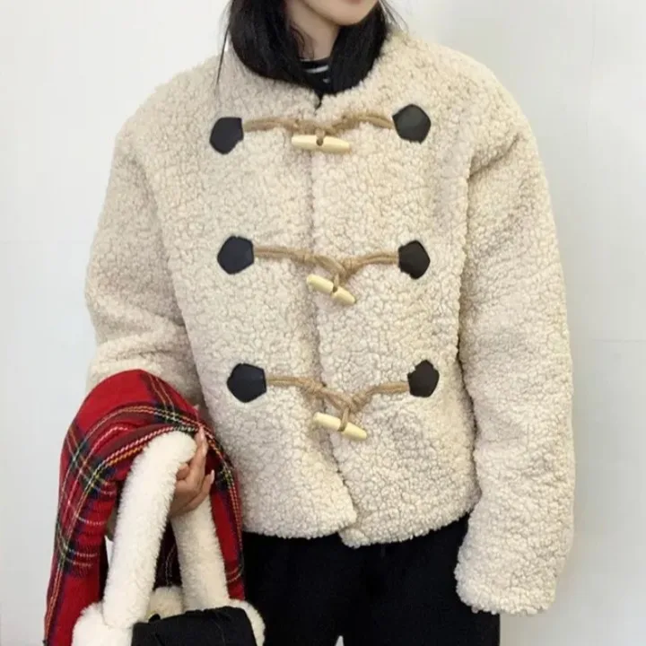 

Шикарное осенне-зимнее теплое однотонное пальто на пуговицах круглого цвета Ne Lamb Fur Sli Винтажное корейское пальто прямого кроя для поездок на работу