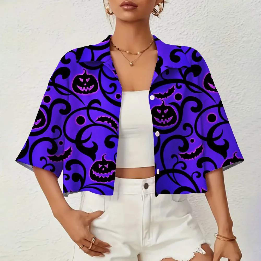 Women\'s Loose Casual Short Sleeve Shirt Halloween Bat Pattern Printed Comfortable Breathable Lapel Shirt Summer Women\'s Clothing