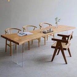 Wabi-sabi Solid Wood Suspended Tea Table Acrylic Legs Irregular Large Board Log Table and Chair Custom Furniture 120-240cm