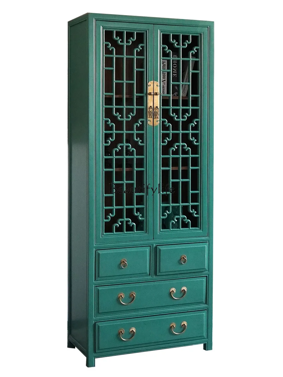 

New Chinese solid wood lattice wardrobe classical paint old display cabinet