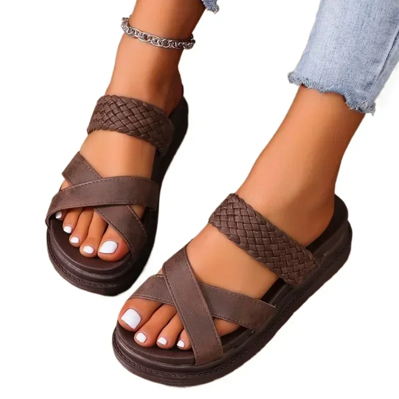 Sandals Sexy Open Toe Broad Band Crossover Slip-On Thick Platform Shoes Casual Flat SlippersSummer Women