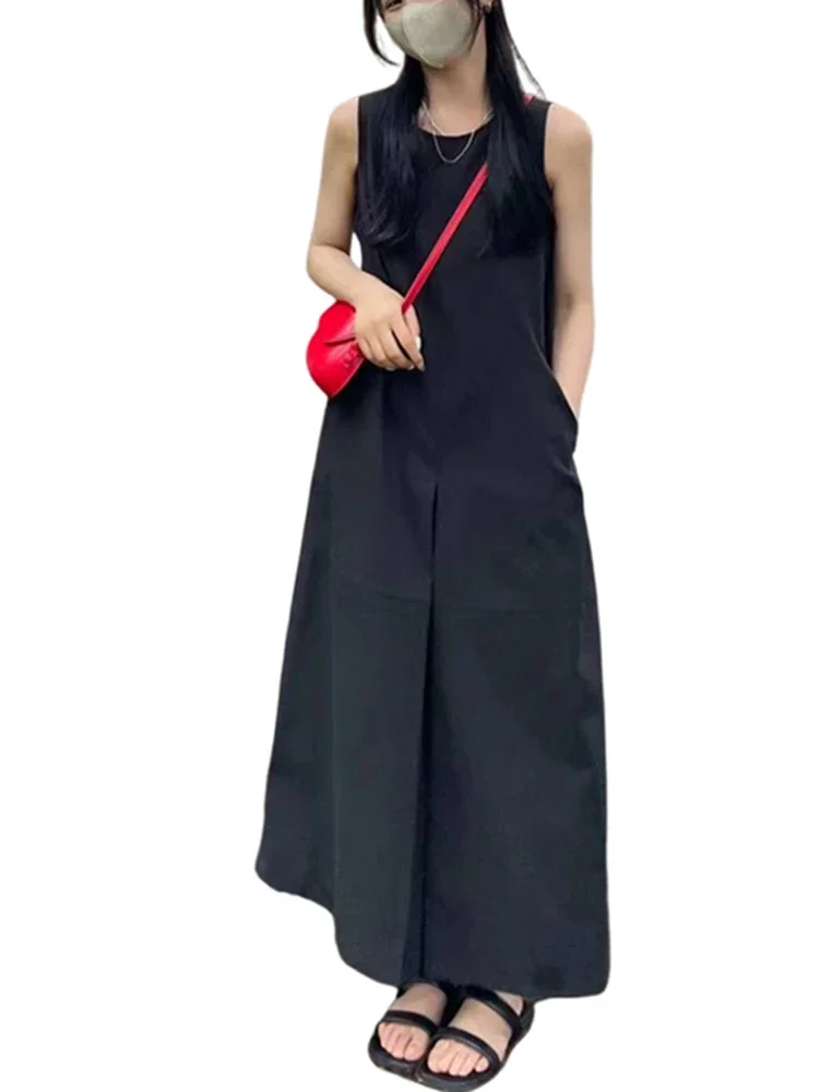 Simple Basic Fashion Street Women Dress French Black Sleeveless Vacation Dress Female Summer New Solid Color Slim Woman Dress