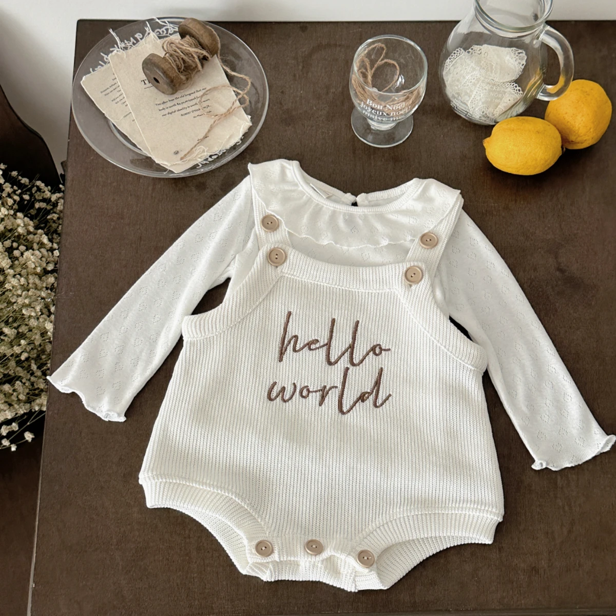 Unisex Baby Sleeveless Knit Overalls Romper, White Hello World Letter Embroidery Bodysuit, Adjustable Strap Infant Bubble Jumpsu