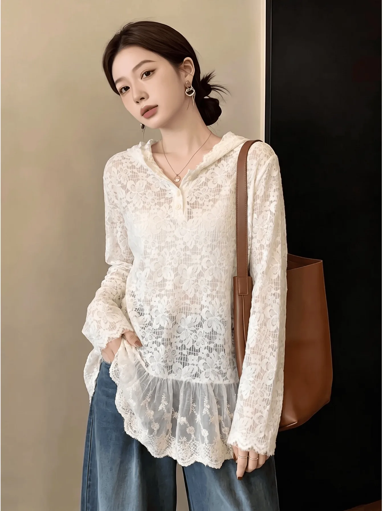 Korean Style Hollow out Design Sweet Simple Lace Shirt Casual Versatile Base Layer Top for plus Size Women Daily Wear