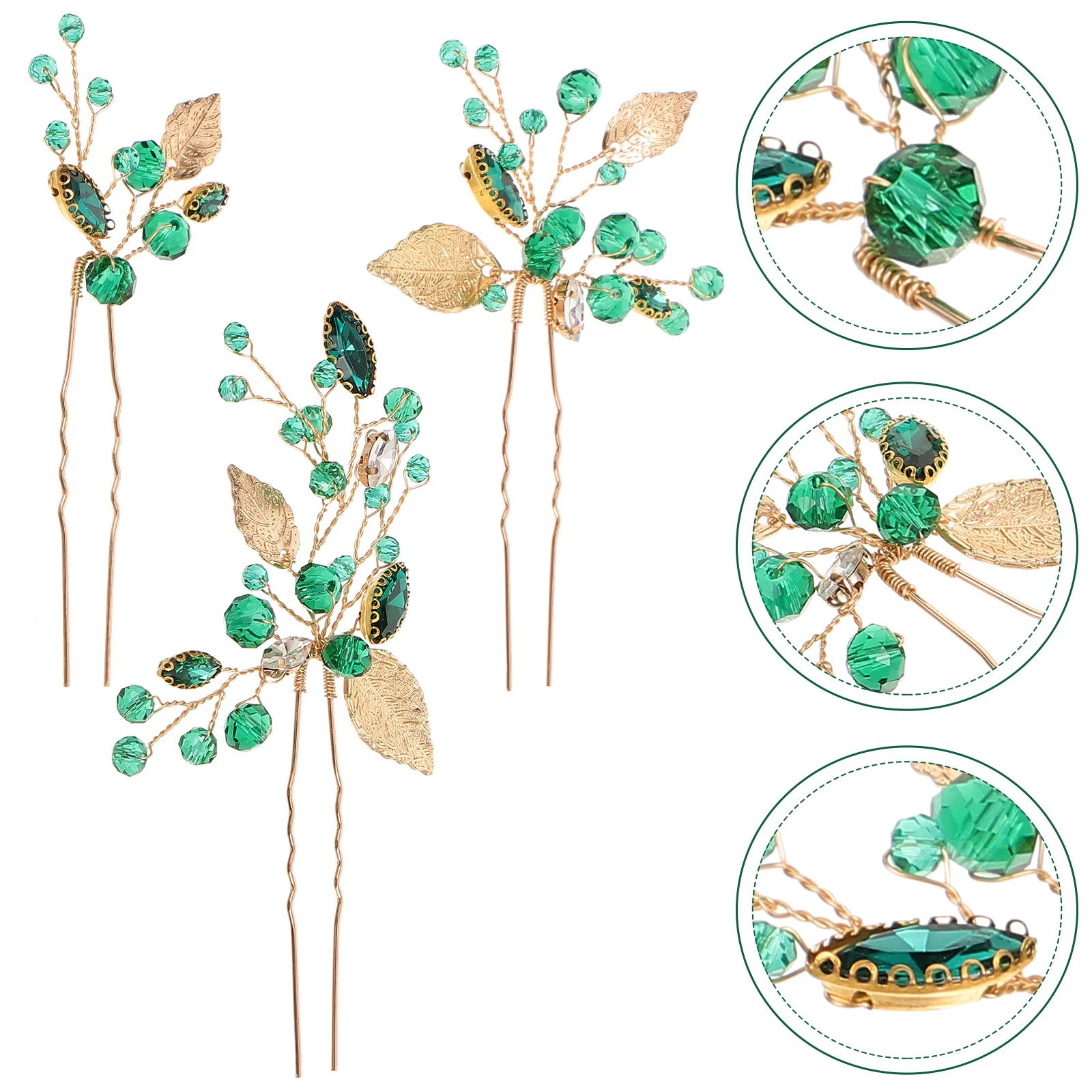 

3pcs Green Leaf Hairpins Crystal Bridal Wedding Accessories Lightweight Styling Pins For Parties Prom Bridesmaid Hair