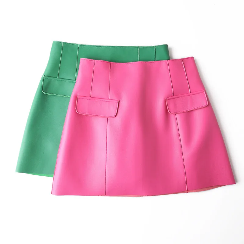 Catwalk Show Genuine Leather Sexy Mini Skirt Women 2024 Spring Fashion High Waist Retro A-line Skirt Europe Ice Cream Color