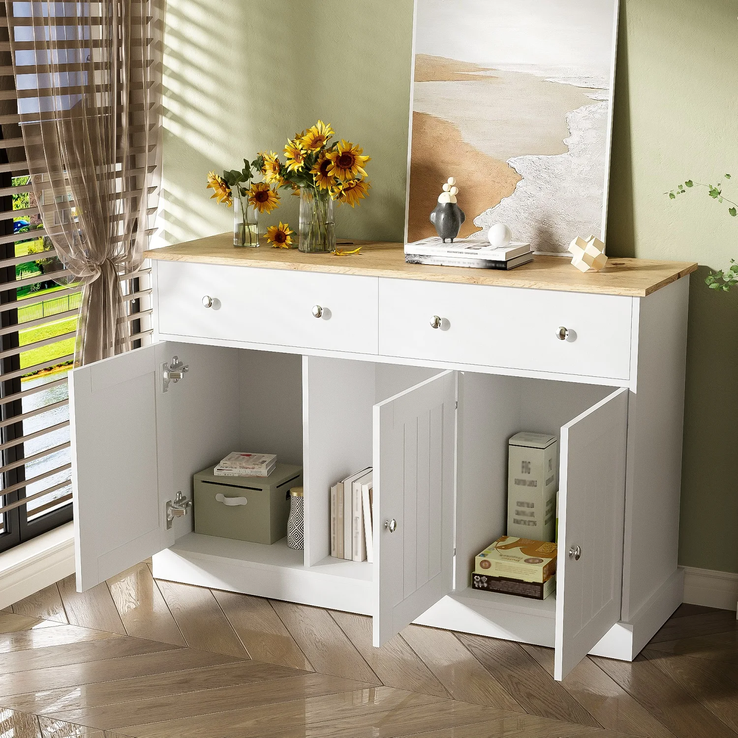 Buffet avec 3 portes 2 tiroirs, armoire de salon avec texture gravée, mécanisme push-to-open, beaucoup d'espace de rangement