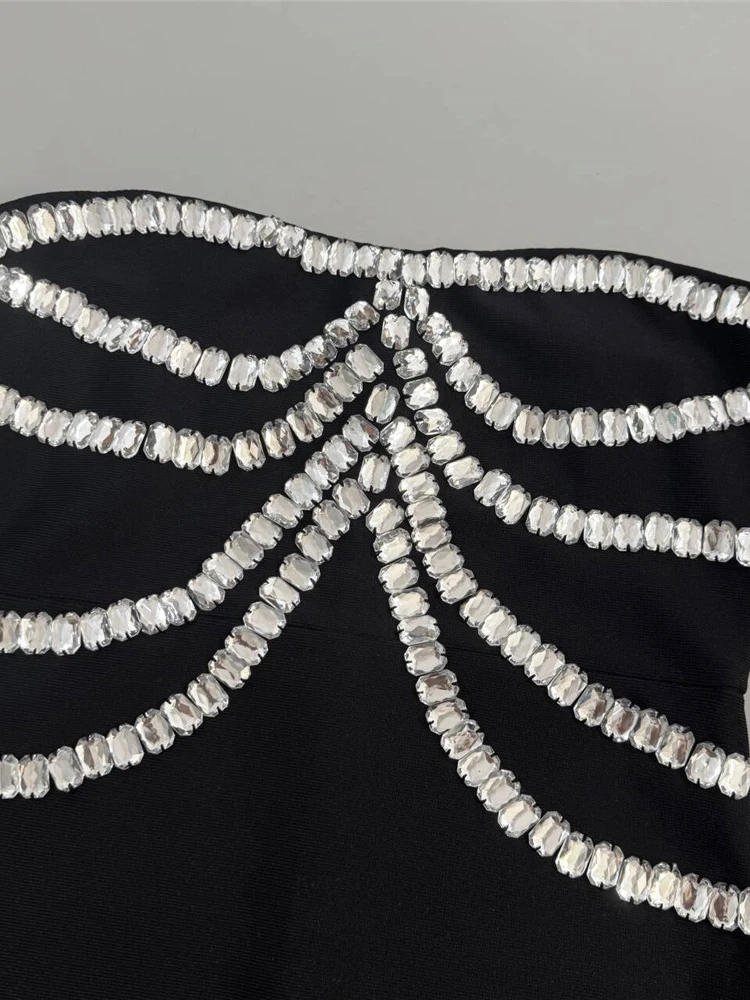 Sexy épaules nues diamants perles robe de pansement femmes noir manches longues cristal moulante longues robes robes de soirée