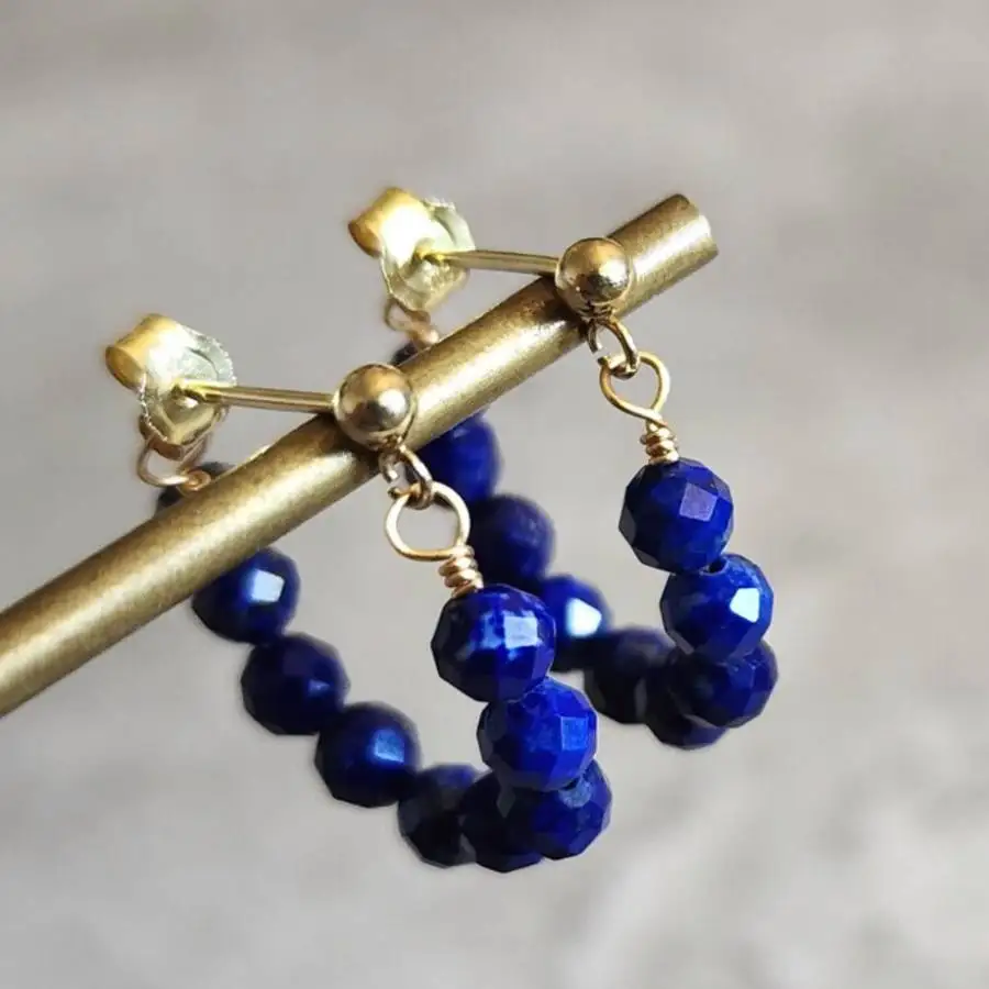 Women Faceted Round Lapis Lazuli Bead Hoop Earrings Gold Leverback Ring Drop Earrings Boho Natural Stone Minimalist Handmade