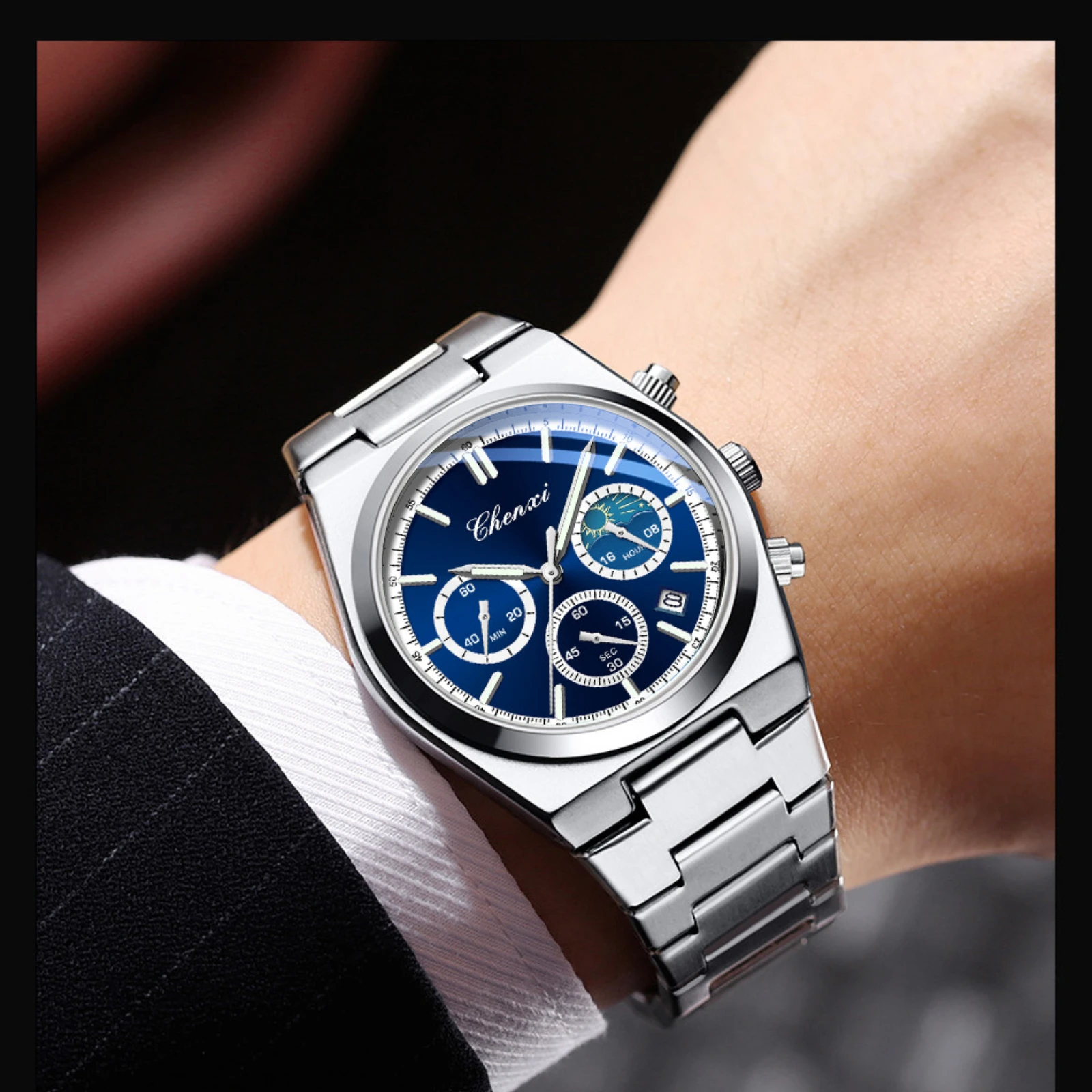 CHENXI 983 Multi Functional Calendar Moon Phase Timing Night Light Waterproof Steel Strip Watches for Men Relojes Para Hombres