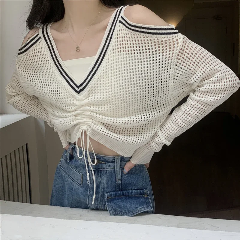 V-Neck Hollow Out Knitwear Top Women Summer Design Long Sleeve Off Shoulders Drawstring Thin Fashion New Loose Knitted Blouse