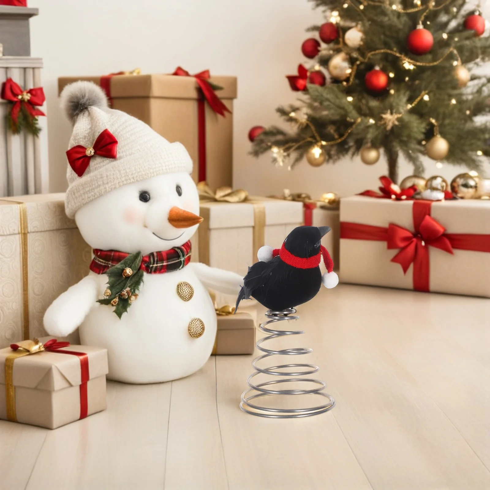 Mini figurka kruka na szczyt choinki, czerwony szalik, metalowy ptak, dekoracje świąteczne, ozdoby na choinkę, ozdoby na szczyt choinki, dekoracje na biurko