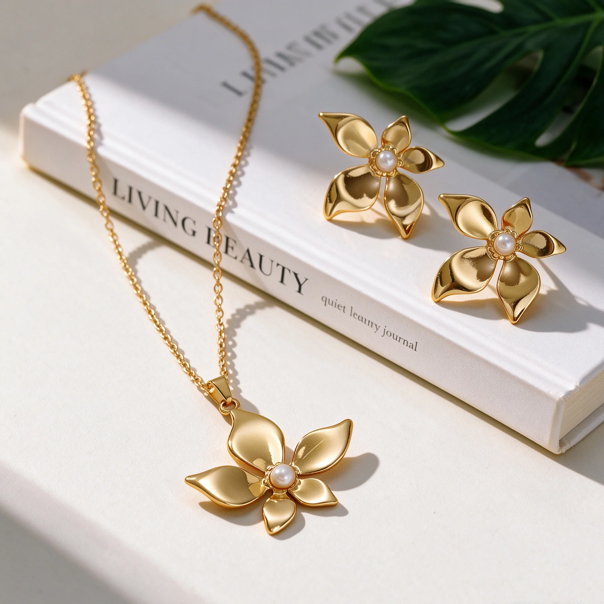 1Set Gentle French Glossy Polished Five Petal Flower Inlaid Pearl Necklace Earrings Jewelry Set For Women Daily Commute Wear