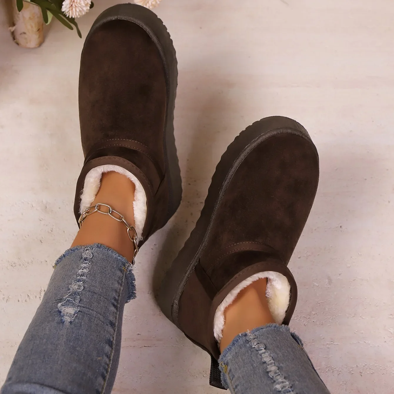 Echte Schafwolle Niedrig Geschnittene Warme Bequeme Schuhe Damen Mode Kurze Schuhe Neue Winter Warme Stiefel Pelz Damen Schneestiefel – Detail 9