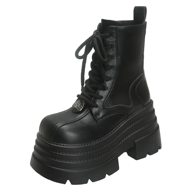 Women Boots Gothic Leather Women Boots Punk Platform Motorcycle Boots Luxury Brand Comfortable Shoes Mid-calf Short Combat Boot