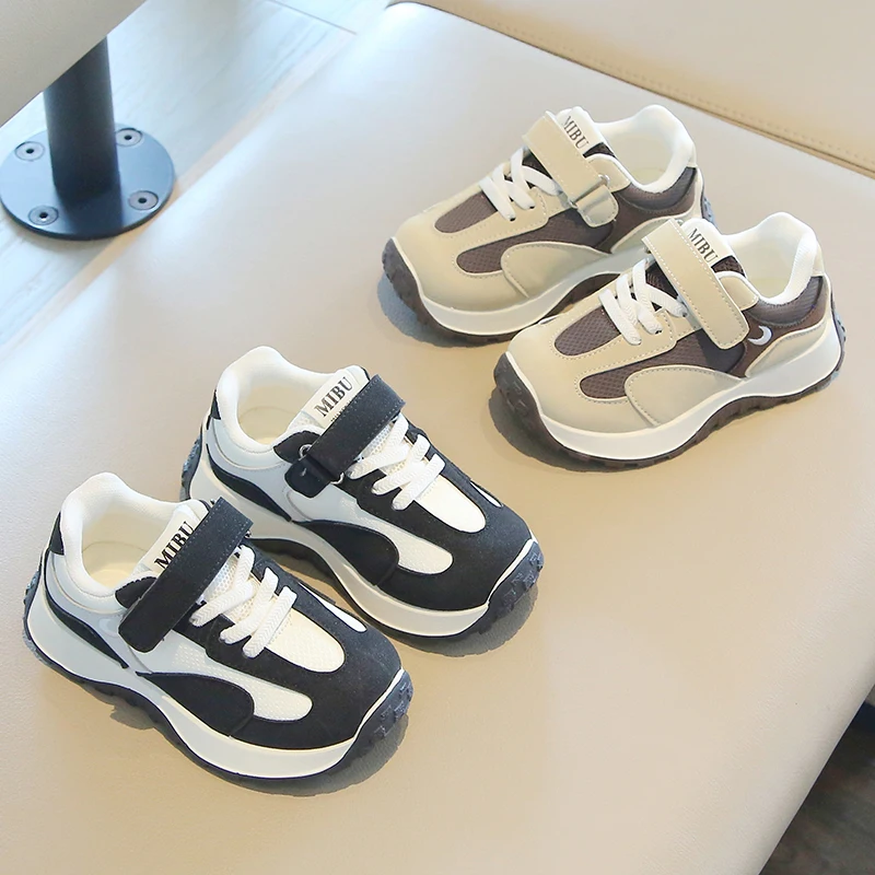 Kids Retro Color Block Sneakers Breathable Mesh Suede Upper Strap Non-slip Rubber Sole for Boys Girls Daily Outdoor Walking