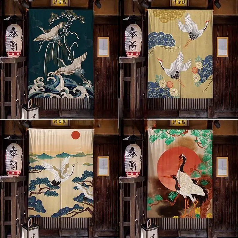 VIKAMA Japanese Noren Door Curtain Crane Bird Ukiyo‑e Print Room Divider Hanging Curtain for Tea House Ryokan Home Wall Decor