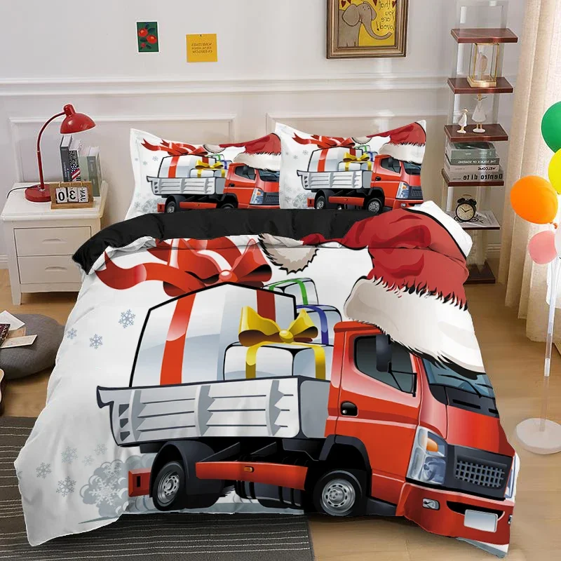 Christmas Truck King Queen Duvet Cover Red Cartoon Gift Car Bedding Set Kid Boy Girl Happy New Year 2/3pcs Polyester Quilt Cover