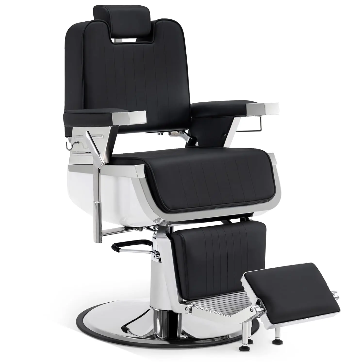 

Heavy Duty Hydraulic Reclining Barber Chair PVC Leather Barbershop Adult Black White Customized