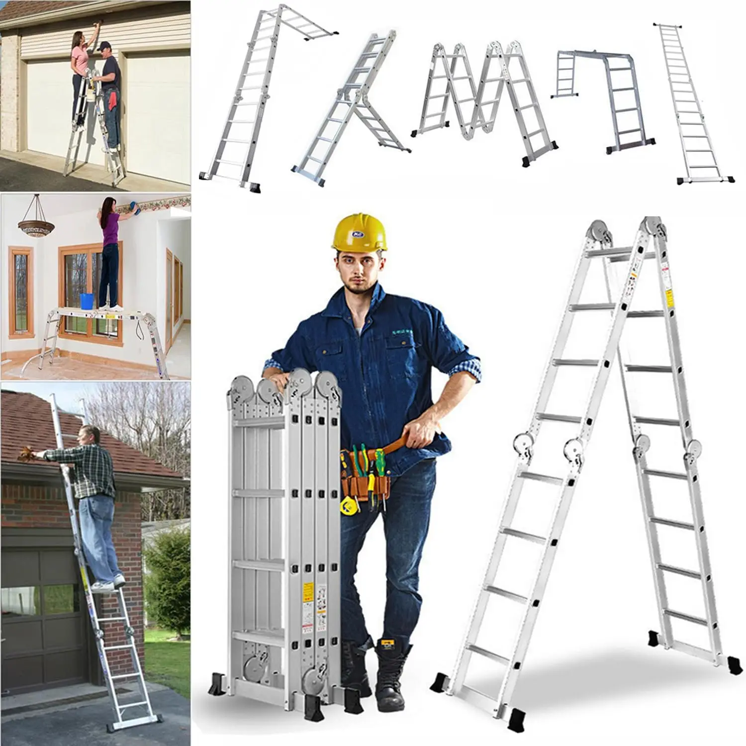 4.7M/15.4FT Multi-purpose Aluminium Folding Extendable Ladder+1xTool Tray,14-in-1 Telescopic Ladder 4x4 Rungs 150kg/330lb