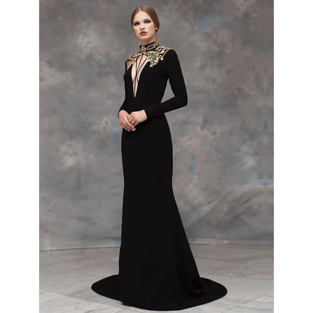 

KSDN Elegant Black Prom Dress Backless Long Sleeve Golden Appliques Sweep Train High-Neck Luxury Gown Straight Vestidos De Gala